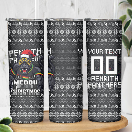 Personalized Penrith Panthers Christmas Skinny Tumbler Australian Rugby Fans - Pixelated Ugly Xmas Pattern Mascot Santa