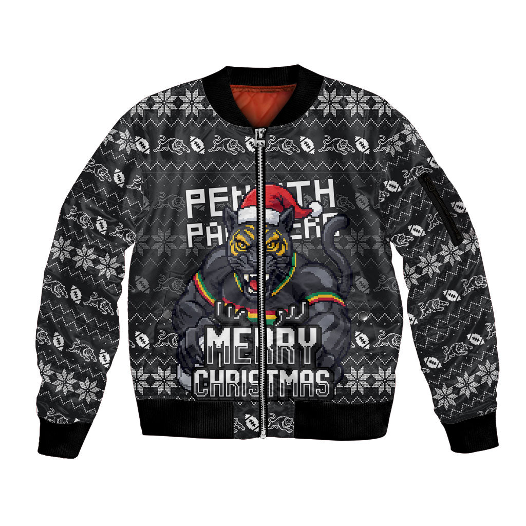 Personalized Penrith Panthers Christmas Sleeve Zip Bomber Jacket Australian Rugby Fans - Pixelated Ugly Xmas Pattern Mascot Santa