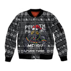 Personalized Penrith Panthers Christmas Sleeve Zip Bomber Jacket Australian Rugby Fans - Pixelated Ugly Xmas Pattern Mascot Santa