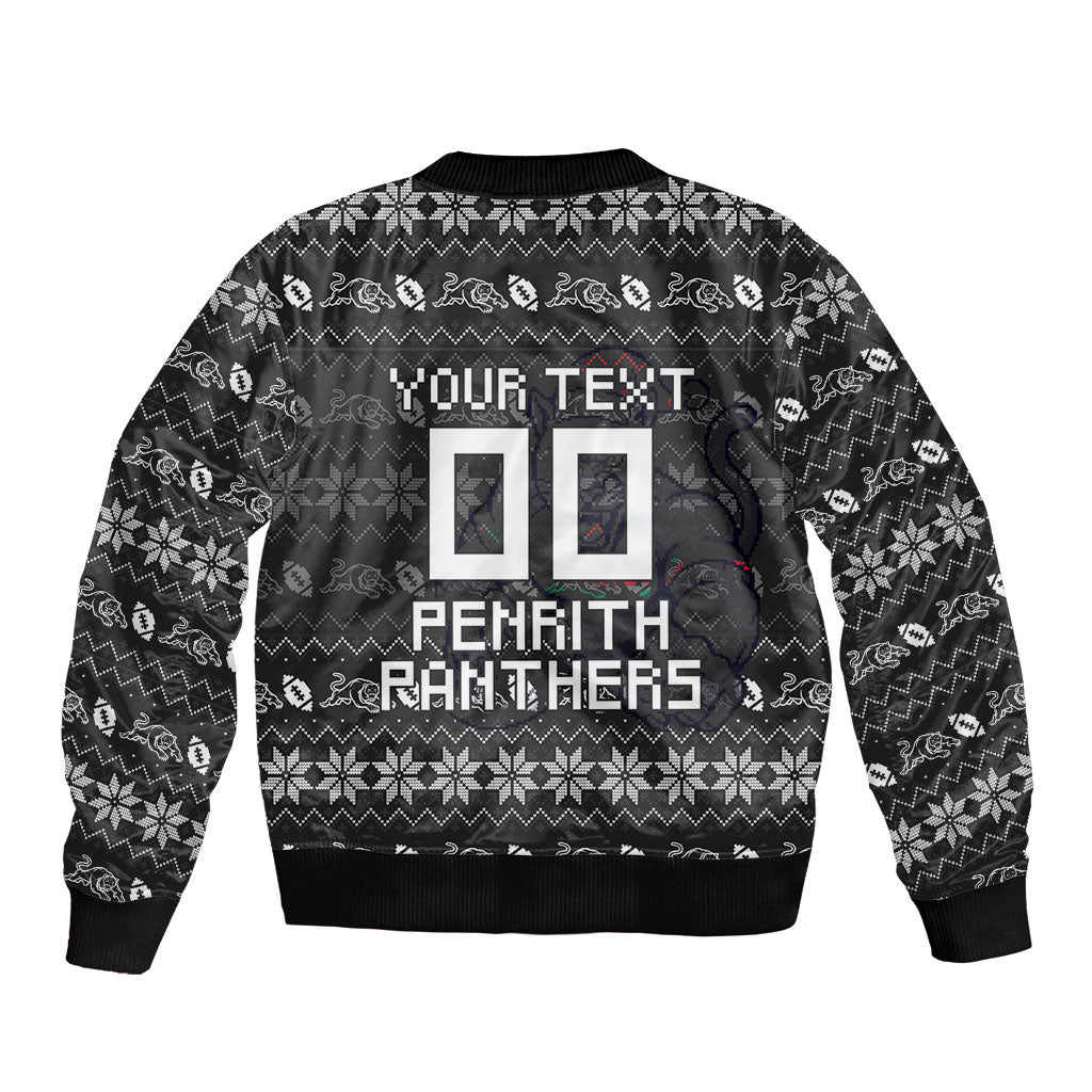 Personalized Penrith Panthers Christmas Sleeve Zip Bomber Jacket Australian Rugby Fans - Pixelated Ugly Xmas Pattern Mascot Santa