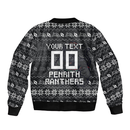 Personalized Penrith Panthers Christmas Sleeve Zip Bomber Jacket Australian Rugby Fans - Pixelated Ugly Xmas Pattern Mascot Santa
