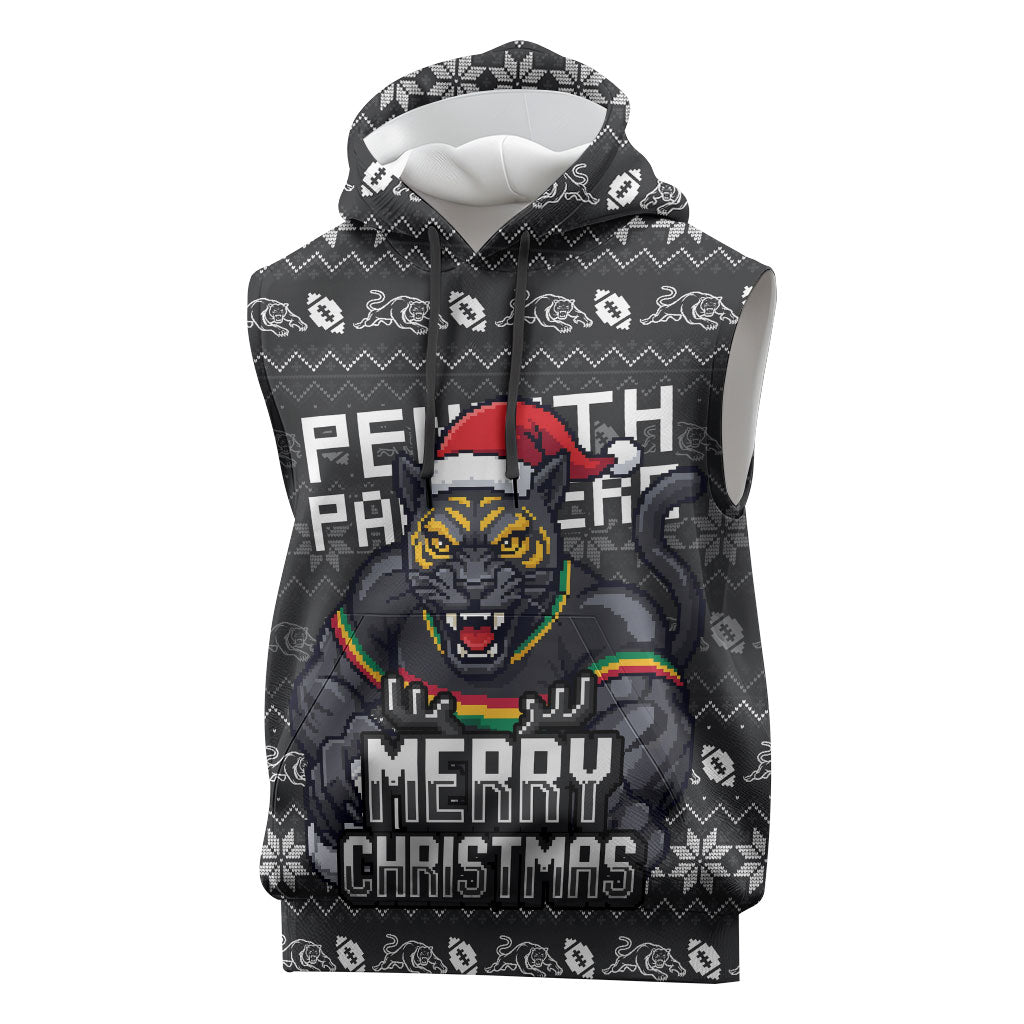 Personalized Penrith Panthers Christmas Sleeveless Hoodie Australian Rugby Fans - Pixelated Ugly Xmas Pattern Mascot Santa