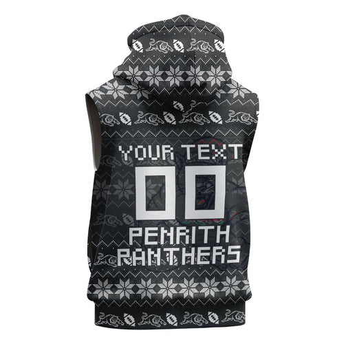 Personalized Penrith Panthers Christmas Sleeveless Hoodie Australian Rugby Fans - Pixelated Ugly Xmas Pattern Mascot Santa