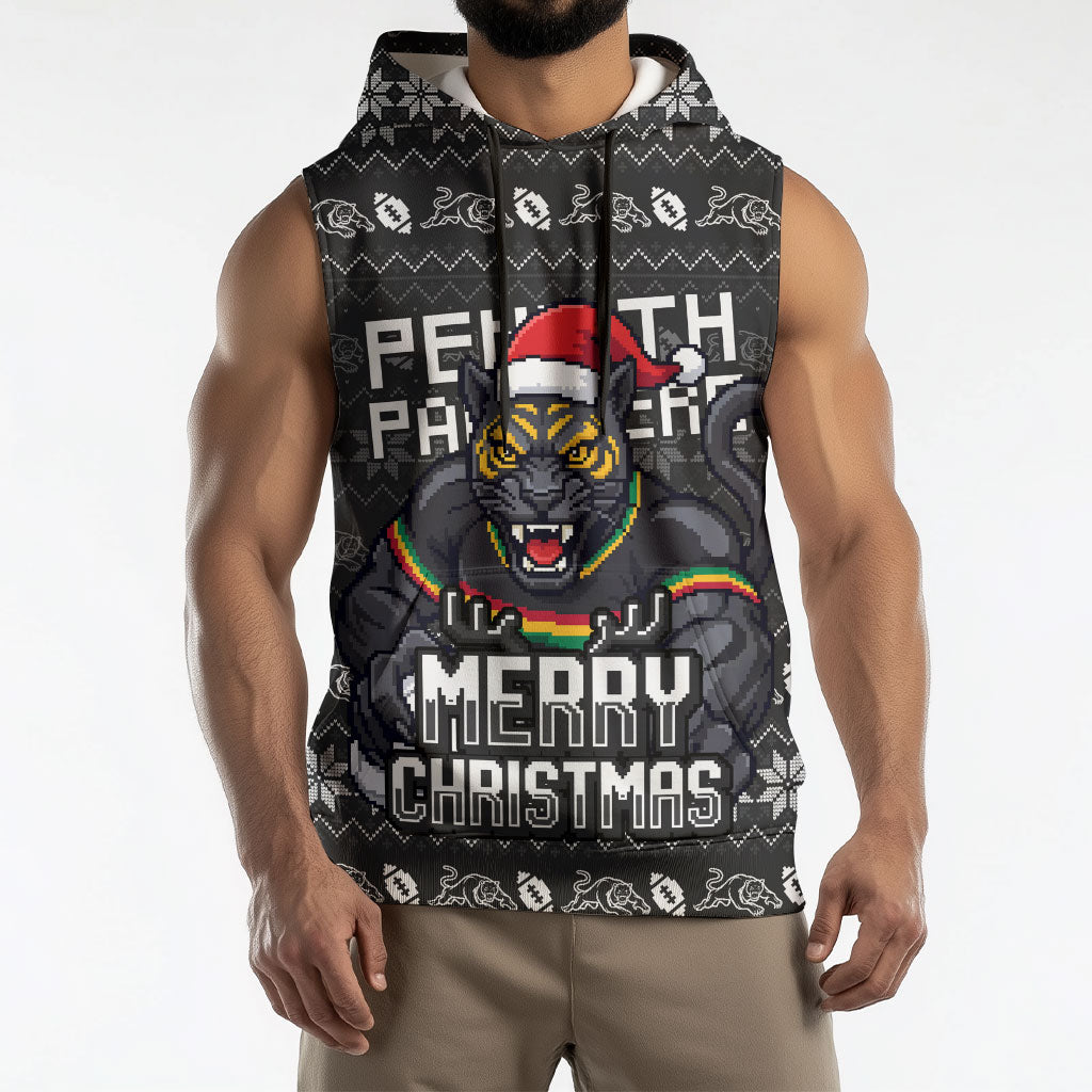 Personalized Penrith Panthers Christmas Sleeveless Hoodie Australian Rugby Fans - Pixelated Ugly Xmas Pattern Mascot Santa
