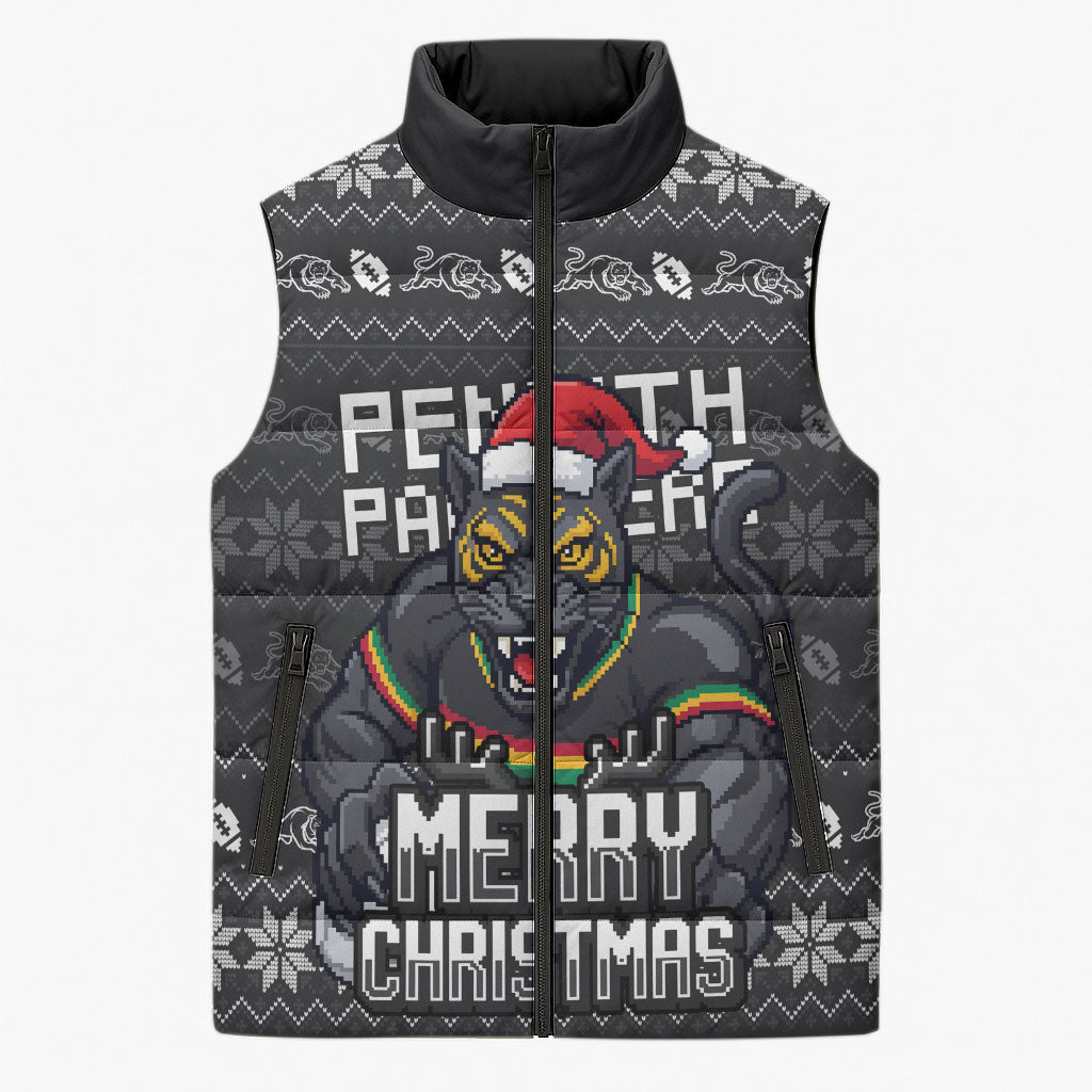 Personalized Penrith Panthers Christmas Sleeveless Puffer Jacket Australian Rugby Fans - Pixelated Ugly Xmas Pattern Mascot Santa