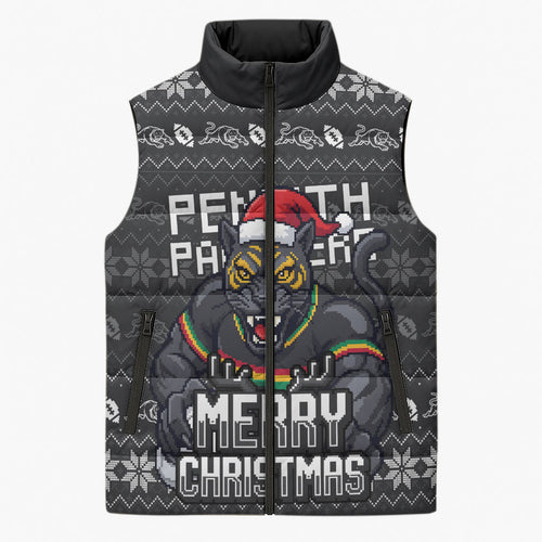 Personalized Penrith Panthers Christmas Sleeveless Puffer Jacket Australian Rugby Fans - Pixelated Ugly Xmas Pattern Mascot Santa