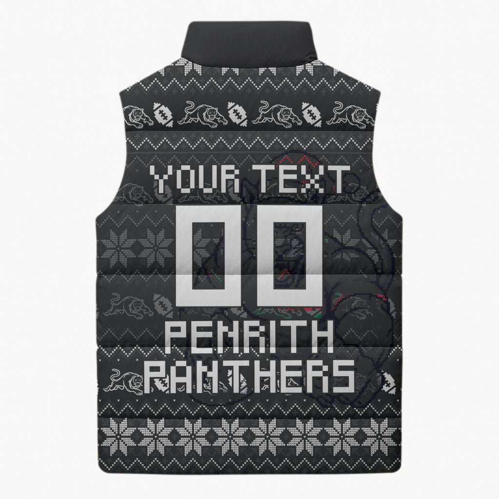 Personalized Penrith Panthers Christmas Sleeveless Puffer Jacket Australian Rugby Fans - Pixelated Ugly Xmas Pattern Mascot Santa