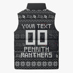 Personalized Penrith Panthers Christmas Sleeveless Puffer Jacket Australian Rugby Fans - Pixelated Ugly Xmas Pattern Mascot Santa