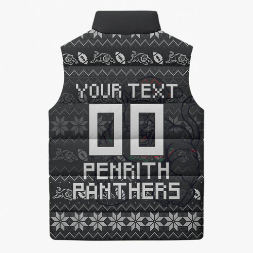 Personalized Penrith Panthers Christmas Sleeveless Puffer Jacket Australian Rugby Fans - Pixelated Ugly Xmas Pattern Mascot Santa