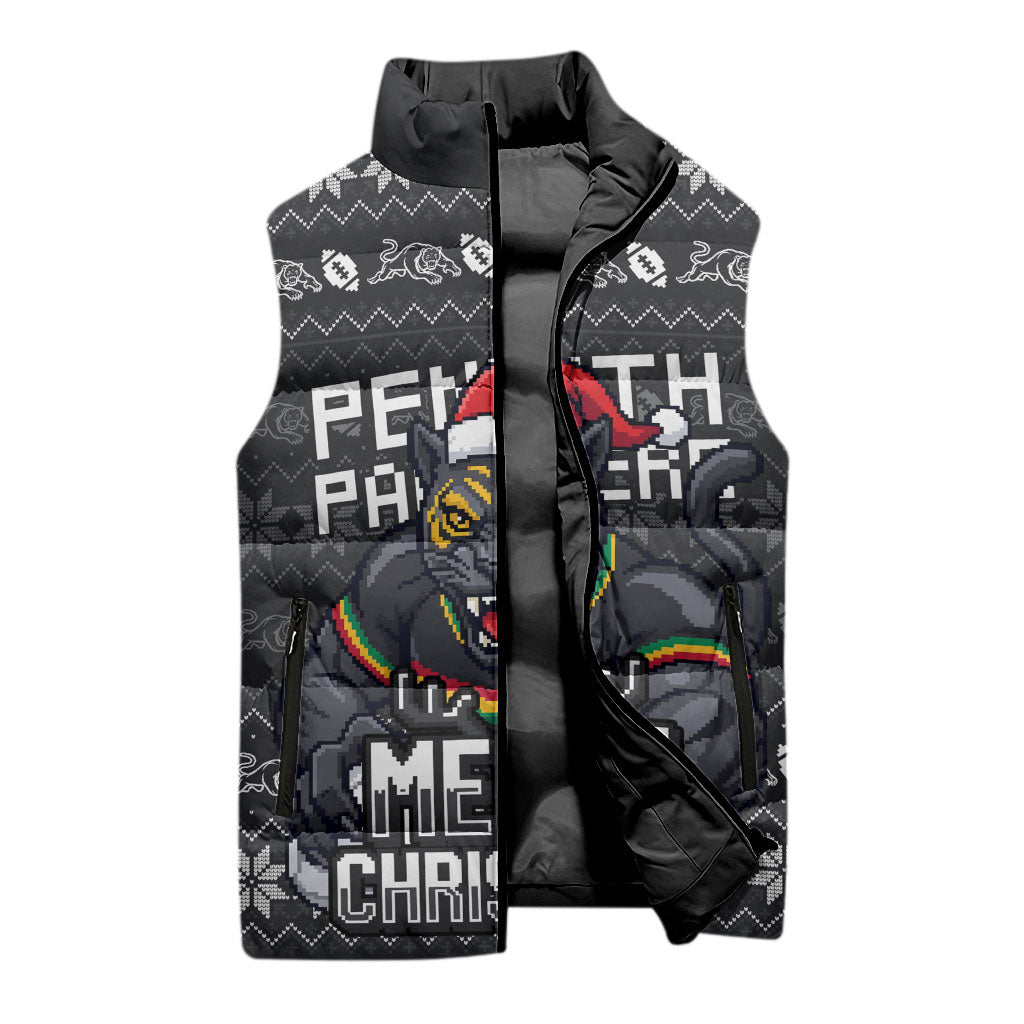 Personalized Penrith Panthers Christmas Sleeveless Puffer Jacket Australian Rugby Fans - Pixelated Ugly Xmas Pattern Mascot Santa