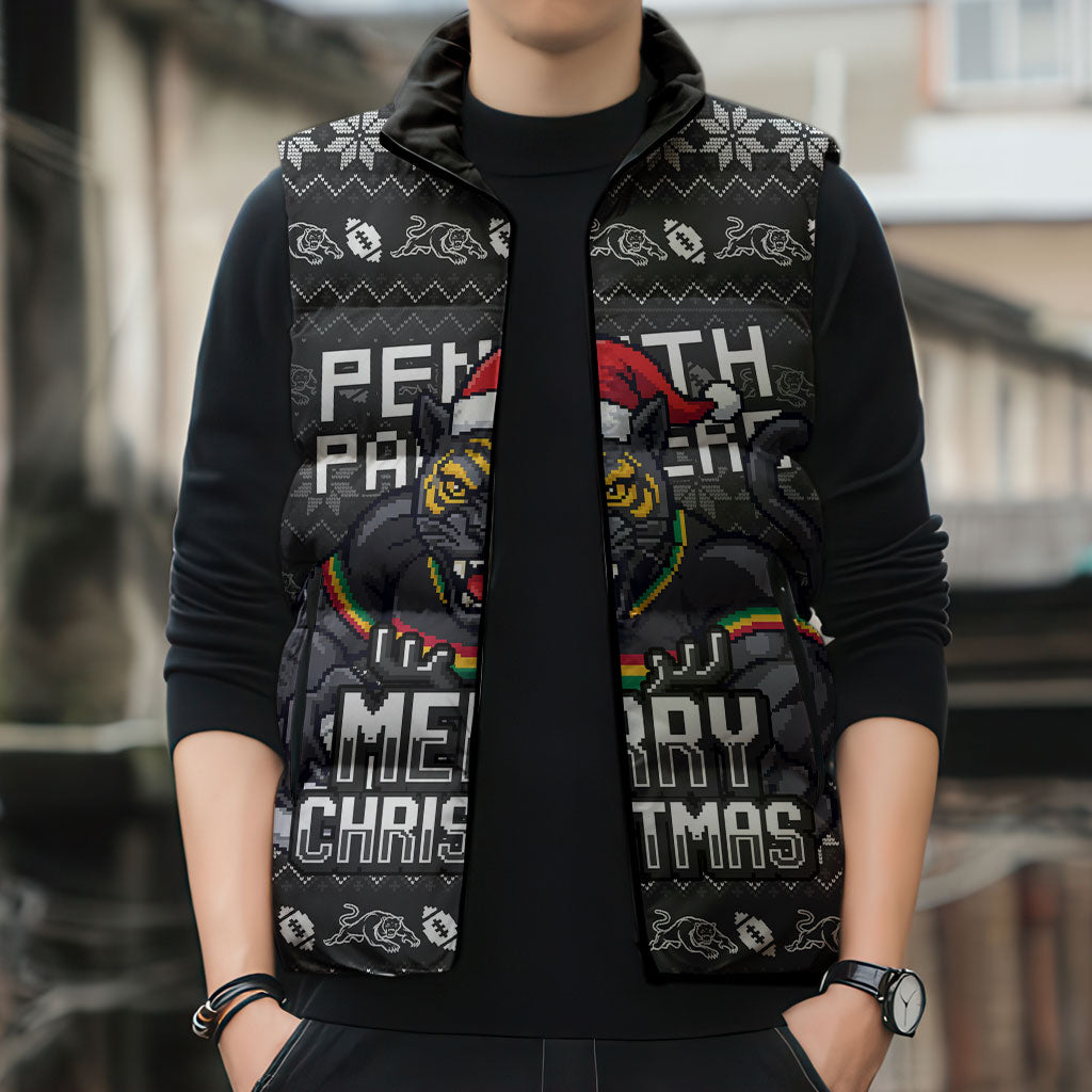 Personalized Penrith Panthers Christmas Sleeveless Puffer Jacket Australian Rugby Fans - Pixelated Ugly Xmas Pattern Mascot Santa