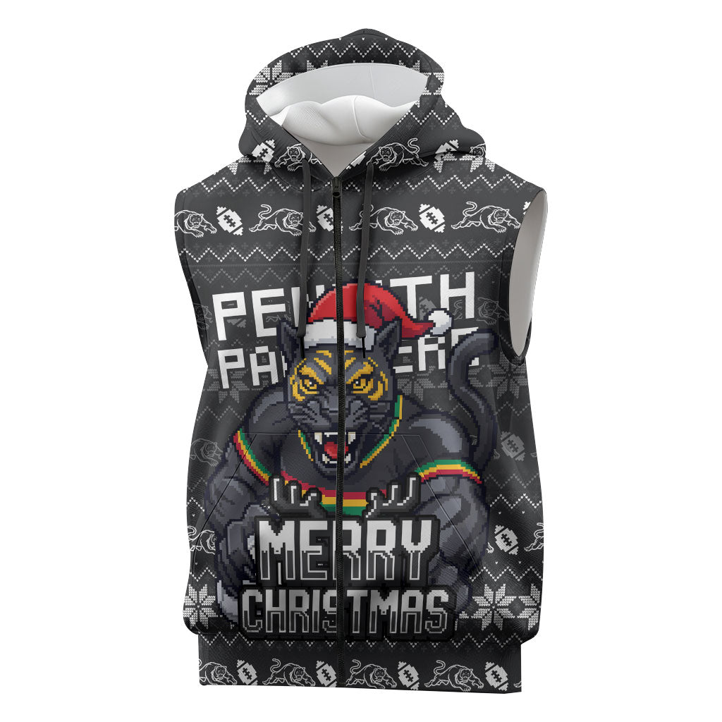 Personalized Penrith Panthers Christmas Sleeveless Zip Hoodie Australian Rugby Fans - Pixelated Ugly Xmas Pattern Mascot Santa