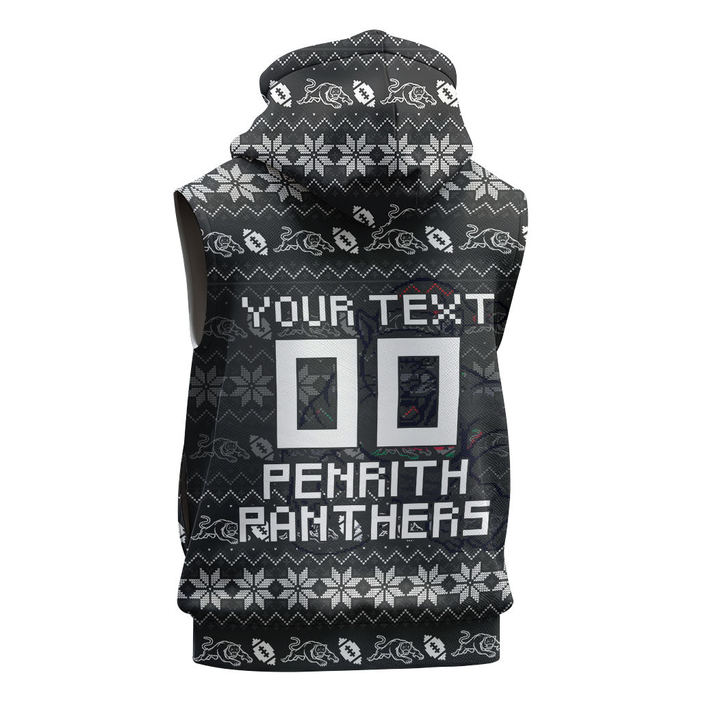 Personalized Penrith Panthers Christmas Sleeveless Zip Hoodie Australian Rugby Fans - Pixelated Ugly Xmas Pattern Mascot Santa