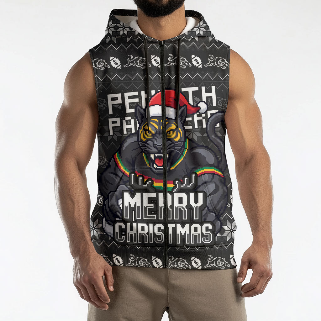 Personalized Penrith Panthers Christmas Sleeveless Zip Hoodie Australian Rugby Fans - Pixelated Ugly Xmas Pattern Mascot Santa
