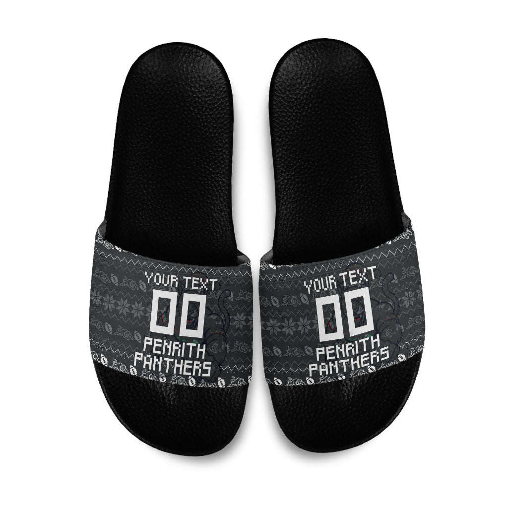 Personalized Penrith Panthers Christmas Slide Sandals Australian Rugby Fans - Pixelated Ugly Xmas Pattern Mascot Santa