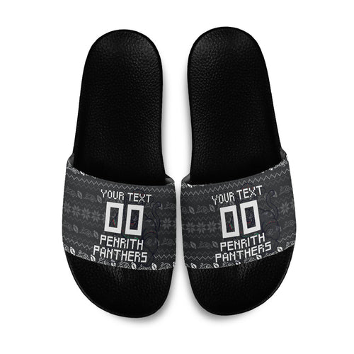 Personalized Penrith Panthers Christmas Slide Sandals Australian Rugby Fans - Pixelated Ugly Xmas Pattern Mascot Santa