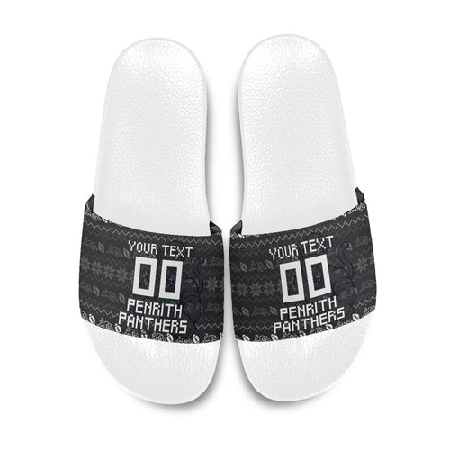 Personalized Penrith Panthers Christmas Slide Sandals Australian Rugby Fans - Pixelated Ugly Xmas Pattern Mascot Santa