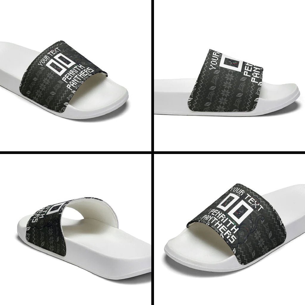 Personalized Penrith Panthers Christmas Slide Sandals Australian Rugby Fans - Pixelated Ugly Xmas Pattern Mascot Santa
