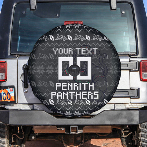 Personalized Penrith Panthers Christmas Spare Tire Cover Australian Rugby Fans - Pixelated Ugly Xmas Pattern Mascot Santa