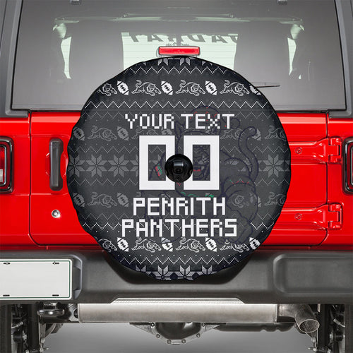 Personalized Penrith Panthers Christmas Spare Tire Cover Australian Rugby Fans - Pixelated Ugly Xmas Pattern Mascot Santa