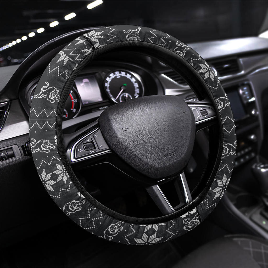 Penrith Panthers Christmas Steering Wheel Cover Australian Rugby Fans - Pixelated Ugly Xmas Pattern Mascot Santa
