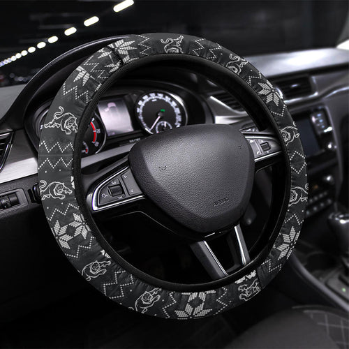 Penrith Panthers Christmas Steering Wheel Cover Australian Rugby Fans - Pixelated Ugly Xmas Pattern Mascot Santa