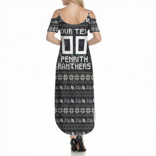 Personalized Penrith Panthers Christmas Summer Maxi Dress Australian Rugby Fans - Pixelated Ugly Xmas Pattern Mascot Santa