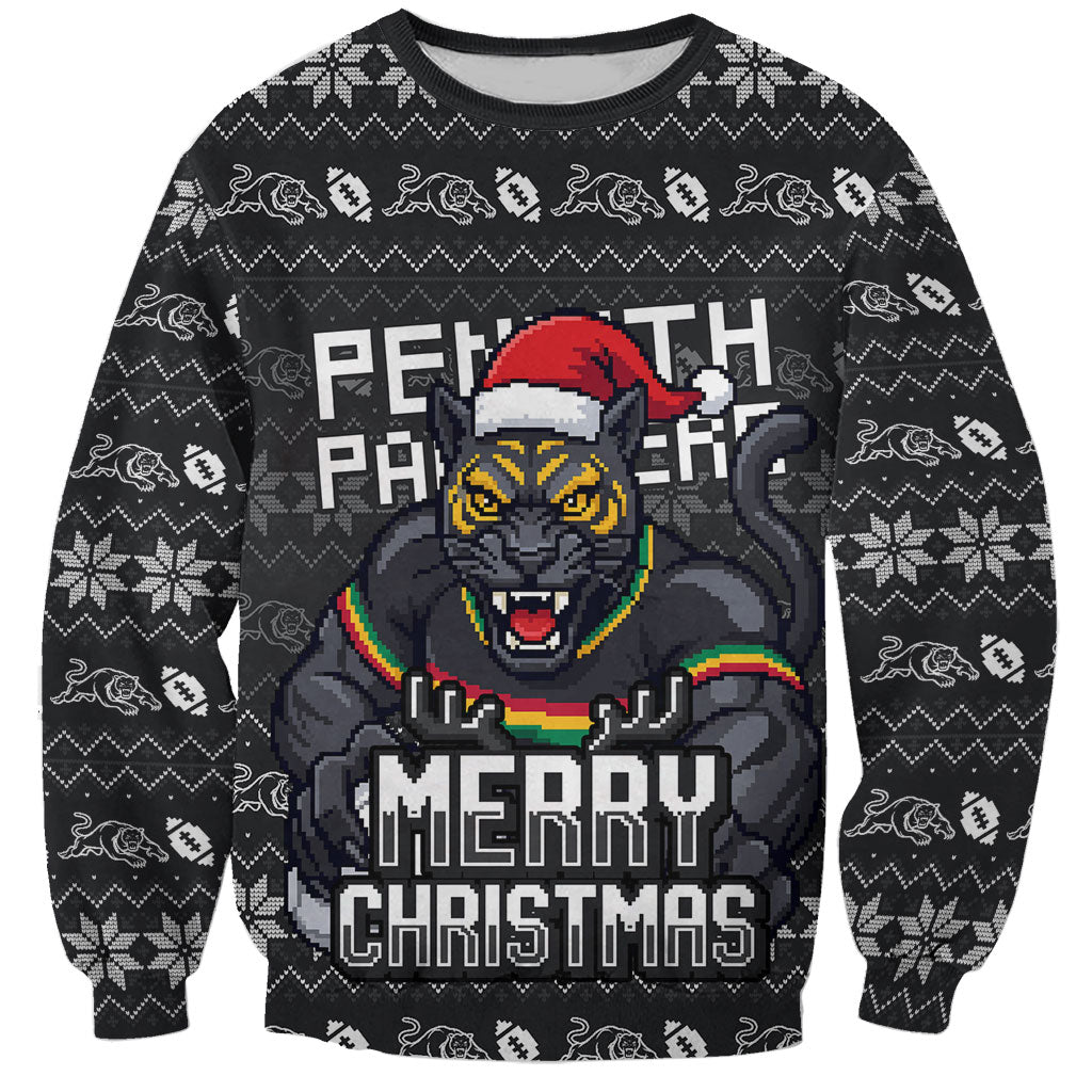 Personalized Penrith Panthers Christmas Sweatshirt Australian Rugby Fans - Pixelated Ugly Xmas Pattern Mascot Santa