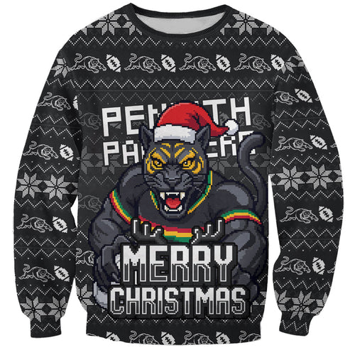 Personalized Penrith Panthers Christmas Sweatshirt Australian Rugby Fans - Pixelated Ugly Xmas Pattern Mascot Santa