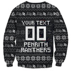 Personalized Penrith Panthers Christmas Sweatshirt Australian Rugby Fans - Pixelated Ugly Xmas Pattern Mascot Santa