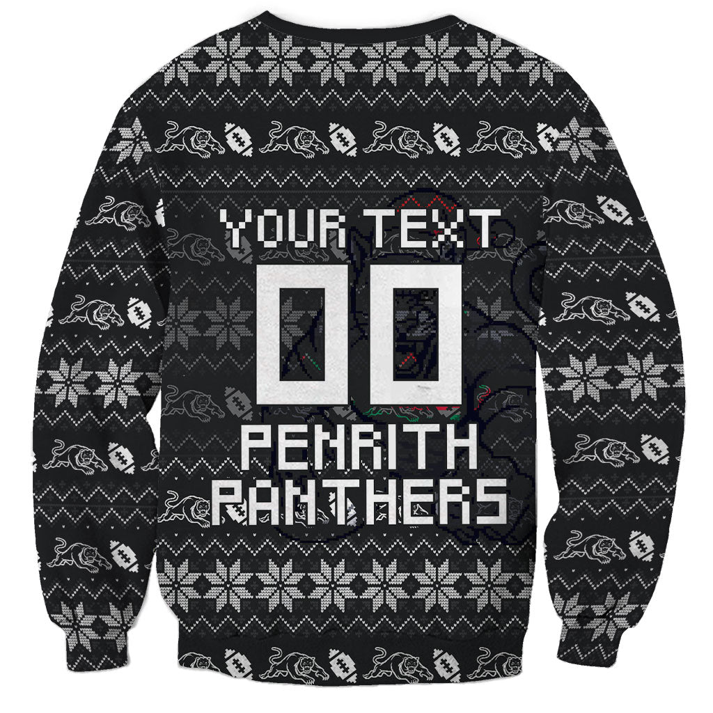 Personalized Penrith Panthers Christmas Sweatshirt Australian Rugby Fans - Pixelated Ugly Xmas Pattern Mascot Santa