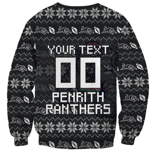 Personalized Penrith Panthers Christmas Sweatshirt Australian Rugby Fans - Pixelated Ugly Xmas Pattern Mascot Santa