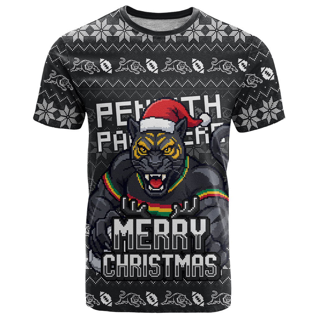 Personalized Penrith Panthers Christmas T Shirt Australian Rugby Fans - Pixelated Ugly Xmas Pattern Mascot Santa