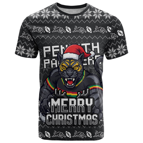 Personalized Penrith Panthers Christmas T Shirt Australian Rugby Fans - Pixelated Ugly Xmas Pattern Mascot Santa