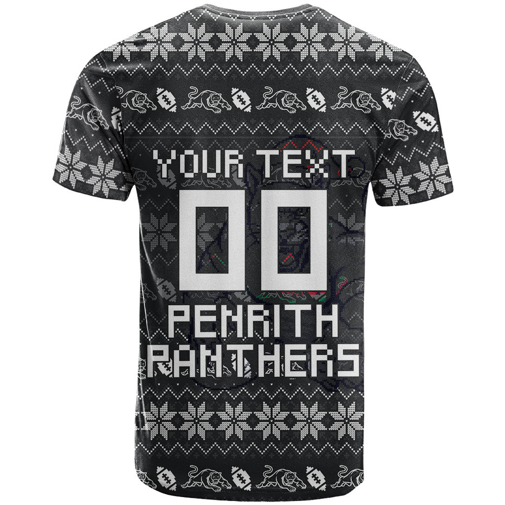 Personalized Penrith Panthers Christmas T Shirt Australian Rugby Fans - Pixelated Ugly Xmas Pattern Mascot Santa