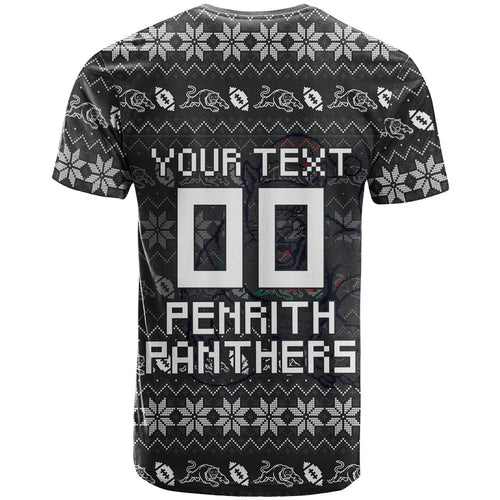 Personalized Penrith Panthers Christmas T Shirt Australian Rugby Fans - Pixelated Ugly Xmas Pattern Mascot Santa