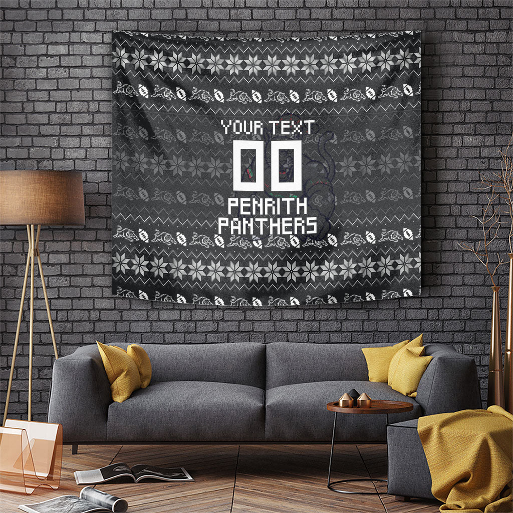 Personalized Penrith Panthers Christmas Tapestry Australian Rugby Fans - Pixelated Ugly Xmas Pattern Mascot Santa