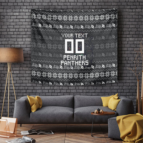 Personalized Penrith Panthers Christmas Tapestry Australian Rugby Fans - Pixelated Ugly Xmas Pattern Mascot Santa
