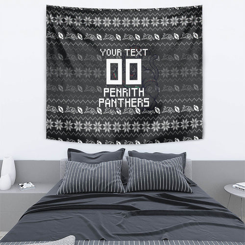 Personalized Penrith Panthers Christmas Tapestry Australian Rugby Fans - Pixelated Ugly Xmas Pattern Mascot Santa