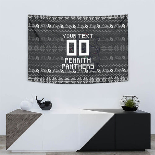 Personalized Penrith Panthers Christmas Tapestry Australian Rugby Fans - Pixelated Ugly Xmas Pattern Mascot Santa