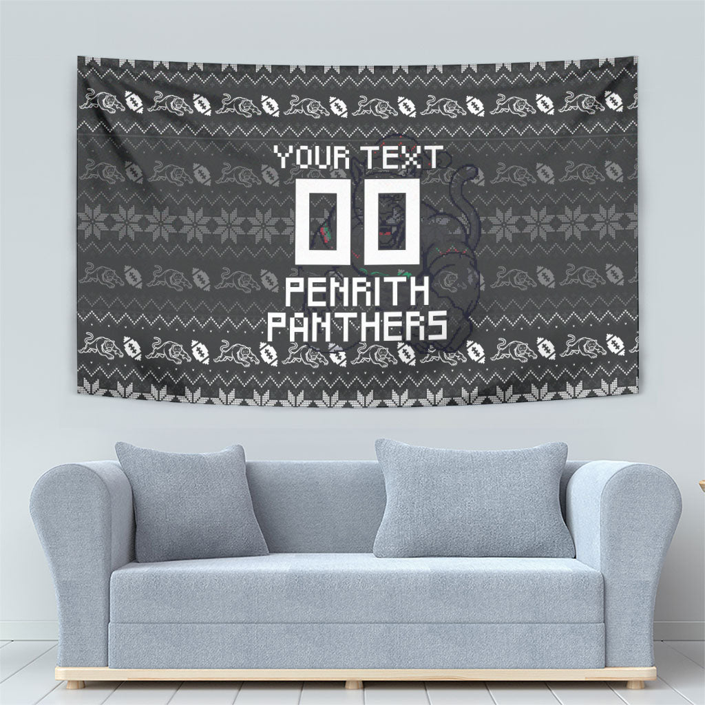 Personalized Penrith Panthers Christmas Tapestry Australian Rugby Fans - Pixelated Ugly Xmas Pattern Mascot Santa