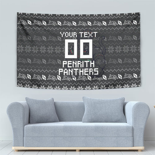 Personalized Penrith Panthers Christmas Tapestry Australian Rugby Fans - Pixelated Ugly Xmas Pattern Mascot Santa