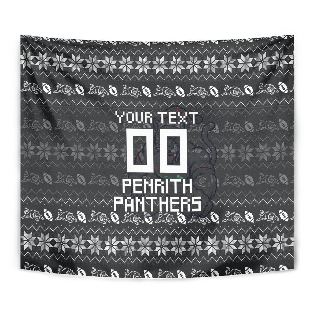Personalized Penrith Panthers Christmas Tapestry Australian Rugby Fans - Pixelated Ugly Xmas Pattern Mascot Santa