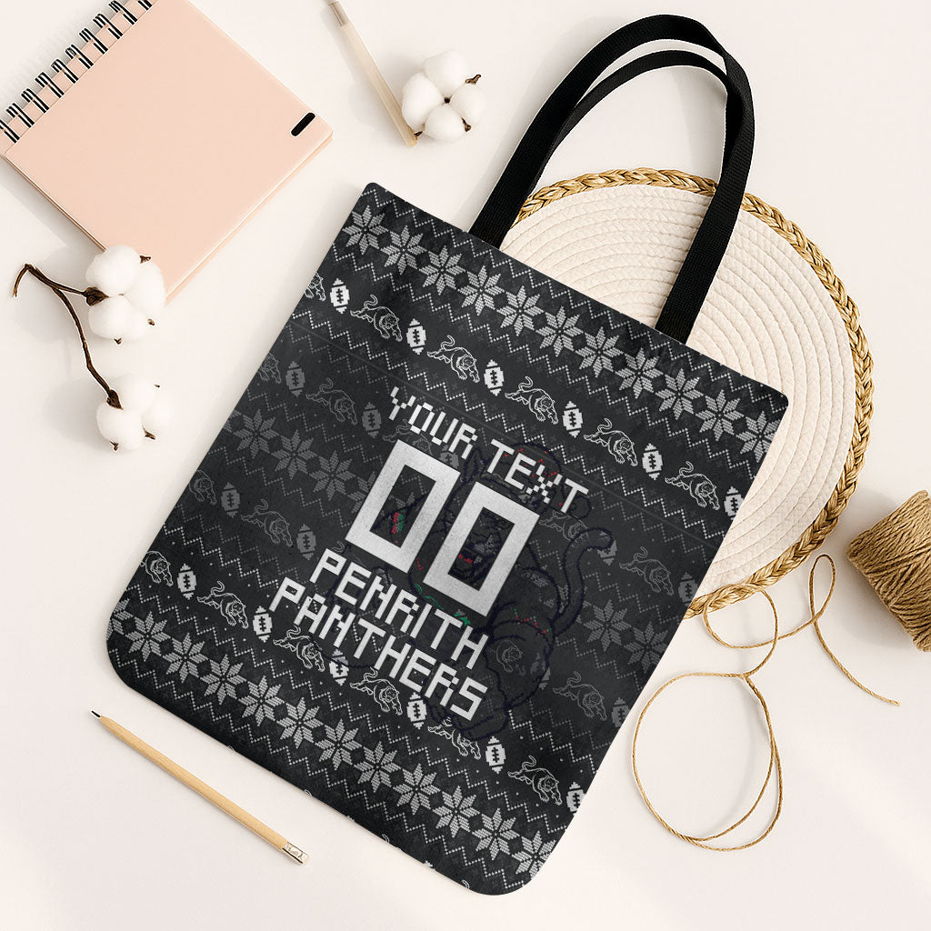 Personalized Penrith Panthers Christmas Tote Bag Australian Rugby Fans - Pixelated Ugly Xmas Pattern Mascot Santa