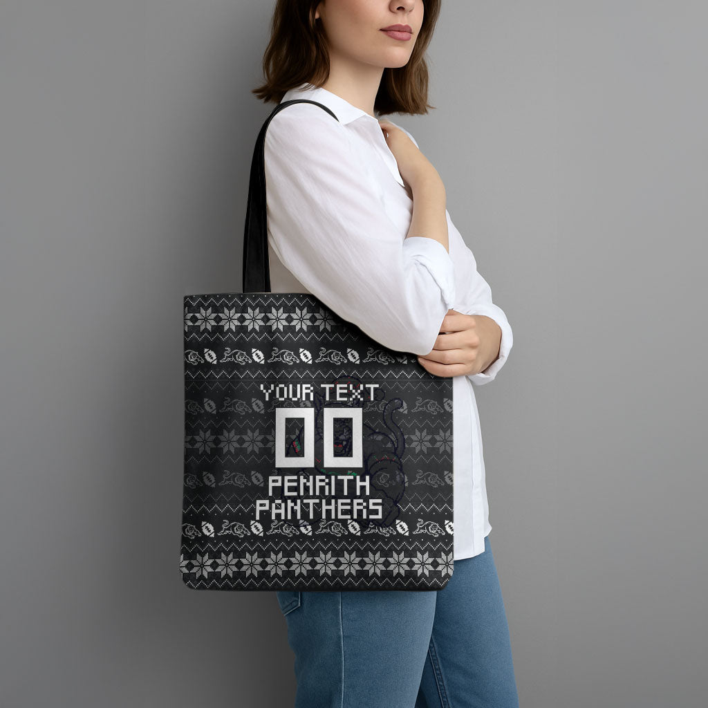 Personalized Penrith Panthers Christmas Tote Bag Australian Rugby Fans - Pixelated Ugly Xmas Pattern Mascot Santa