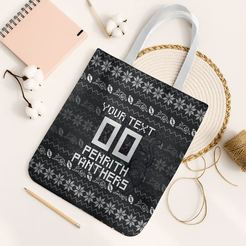 Personalized Penrith Panthers Christmas Tote Bag Australian Rugby Fans - Pixelated Ugly Xmas Pattern Mascot Santa
