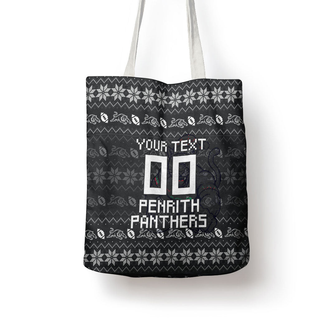 Personalized Penrith Panthers Christmas Tote Bag Australian Rugby Fans - Pixelated Ugly Xmas Pattern Mascot Santa