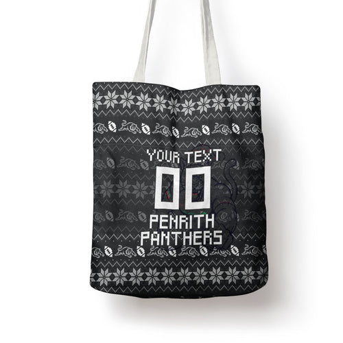 Personalized Penrith Panthers Christmas Tote Bag Australian Rugby Fans - Pixelated Ugly Xmas Pattern Mascot Santa