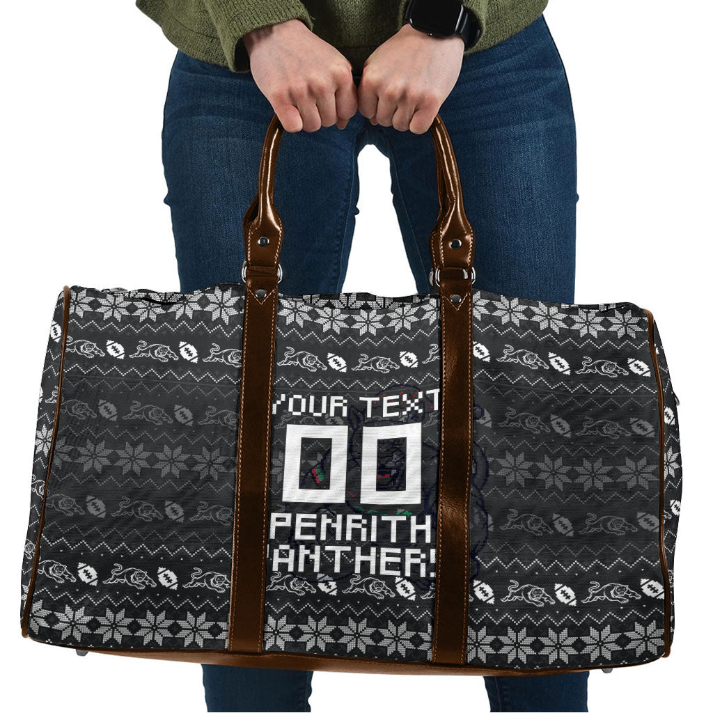 Personalized Penrith Panthers Christmas Travel Bag Australian Rugby Fans - Pixelated Ugly Xmas Pattern Mascot Santa