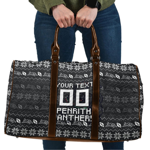 Personalized Penrith Panthers Christmas Travel Bag Australian Rugby Fans - Pixelated Ugly Xmas Pattern Mascot Santa